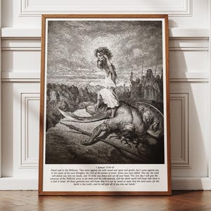 David och Goliat-tryck: Gustave Doré Vintage etsning kristen väggkonst (digital nedladdning)