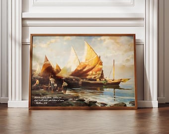 Matthew 4:19 “Fishers of Men”  Christian Wall Art Bible Verse Art Vintage Fishing Boats Print Christian Wall Decor for Men