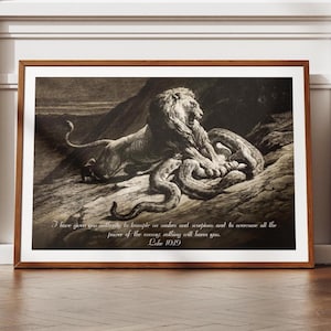 May include: A black and white illustration of a lion treading on a snake. The image is accompanied by a quote from the Bible, Luke 10:19, which reads: "I have given you authority to trample on snakes and scorpions and to overcome all the power of the enemy; nothing will harm you."