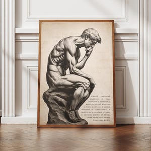May include: A black and white illustration of a man sitting in a contemplative pose. The image is framed in a brown wood frame. The text below the image reads: "Finally, brothers, whatever is true, whatever is honorable, whatever is just, whatever is pure, whatever is lovely, whatever is commendable, if there is any excellence, if there is anything worthy of praise, think about these things." Philippians 4:8 ESV