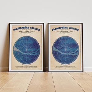 Impresión de arte digital Salmos 19:1-4 / Decoración de pared para hombres, Mapa estelar vintage / Mapa celestial de los hemisferios norte y sur en tonos azules / Oferta en paquete