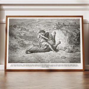 Peut inclure: Impression en noir et blanc encadrée, représentant une scène biblique détaillée. Un homme lutte contre un grand animal, avec d'autres personnages et paysages en arrière-plan. Le texte en bas indique : "BUT DAVID SAID TO SAUL..."