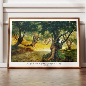 オリーブの木立のヴィンテージアートプリント、箴言13章12節、インスピレーションを与えるホームデコレーション（デジタルプリント）