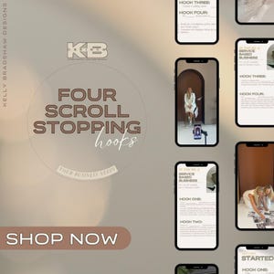 Può includere: Una grafica con il testo "FOUR SCROLL STOPPING hooks" in un cerchio marrone con il testo "YOUR BUSINESS NEEDS" sotto. La grafica include anche il testo "SHOP NOW" in un rettangolo marrone. La grafica è circondata da quattro schermate di un telefono cellulare che mostrano un documento di testo con il testo "IF YOU'RE A SERVICE BASED BUSINESS" e "GET STARTED" con il testo "HOOK ONE", "HOOK TWO", "HOOK THREE" e "HOOK FOUR" sotto ogni titolo.