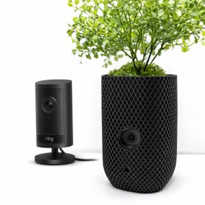 May include: A black cylindrical security camera with the word ring printed on the front, positioned next to a black, lattice-patterned cylindrical planter containing a green leafy plant with a circular opening for a camera lens.
