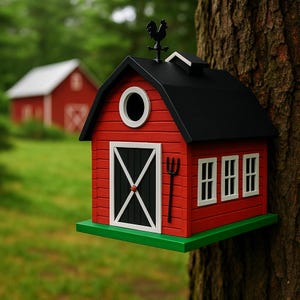 Barn-Style Birdhouse - Classic Red & Black Farmhouse Design