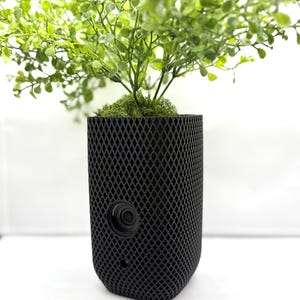 Puede incluir: Una maceta negra con un patrón de diamantes, una pequeña lente de cámara y una planta verde. La planta tiene hojas pequeñas y redondas y está rodeada de musgo verde. La maceta está hecha de un material oscuro y tiene un diseño moderno.