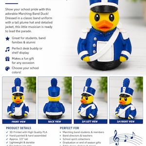 May include: A yellow rubber duck figurine wearing a blue marching band uniform with a tall blue plume hat, white cross-body strap, and white shoulder epaulets. The duck has an orange beak and black eyes, standing 3.5 inches tall as a display piece.