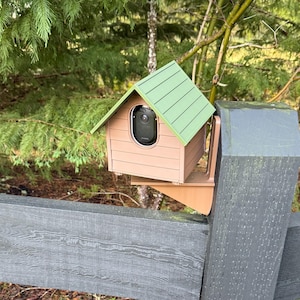 May include: A brown and green birdhouse-shaped security camera housing mounted on a wooden fence post. The camera is visible within the birdhouse, which has a green roof and a brown body. The fence is gray.