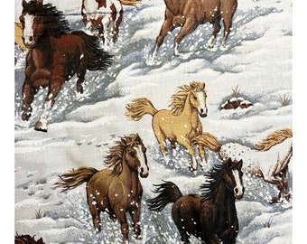 1.44 Yards -- Vintage Horses Running in Winter Snow Scenic Cotton Quilt Fabric Print by Springs Industries