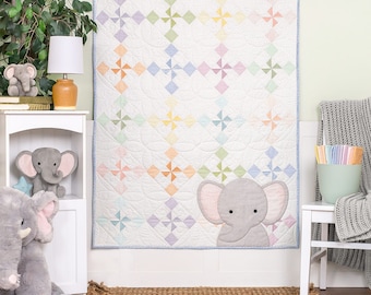 Ellie Elephant Pinwheels Baby Nursery Quilt (40 x 50) | TBQSC Handmade