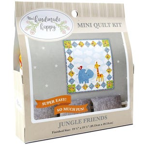 May include: A mini quilt kit featuring a jungle theme. The kit includes a quilt with a blue elephant and a giraffe, surrounded by a colorful border. The finished size is 19.5" x 19.5". The packaging includes the text "handmade happy".