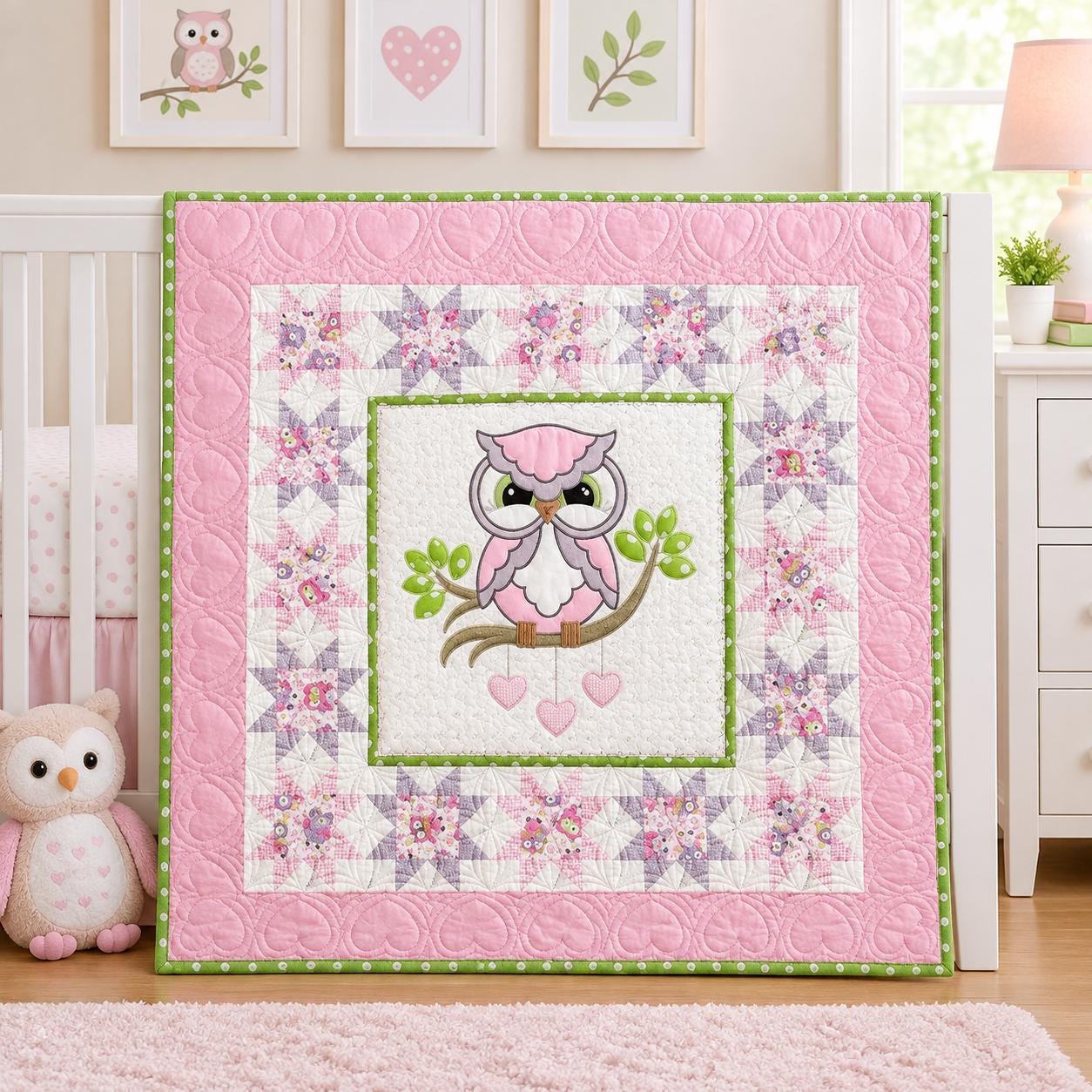 Handmade Woodland Forest Owl Embroidery Quilted Baby Nursery Blanket