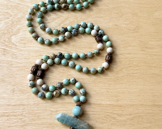 Water Realm Mala: Aqua Terra Agate & Amazonite Meditation Necklace, Emotional Balance Flow Spiritual Jewelry