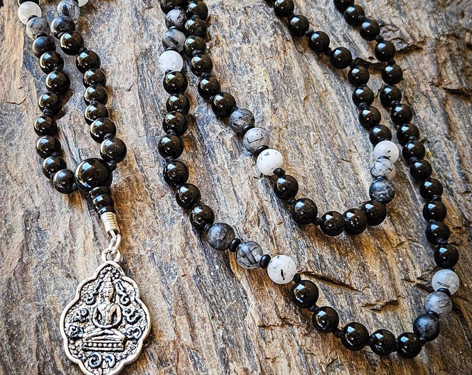 Silent Presence Mala | Black Spinel, Tourmaline Rutilated Quartz, Black Agate, Hand-Painted Buddha Charm | 108 Beads for Mindfulness
