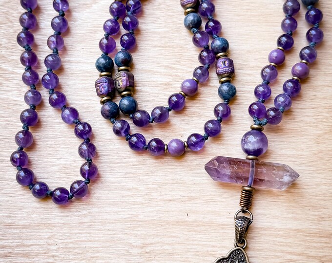 Regal Ascension Mala: Amethyst, Ruby Kyanite & Phosphosiderite Meditation Necklace, Intuition Spiritual Growth Jewelry