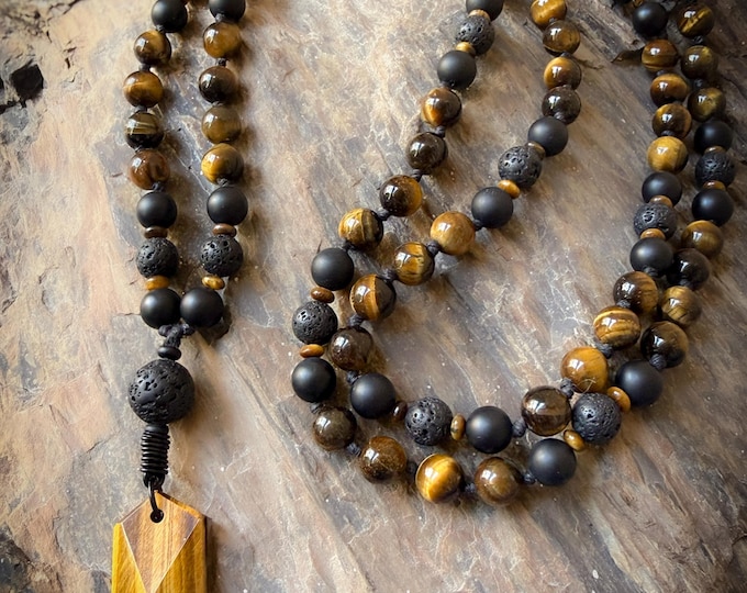 Tigerborn Mala: Tiger’s Eye, Lava Stone & Black Onyx Meditation Necklace, Strength Confidence Grounding Jewelry