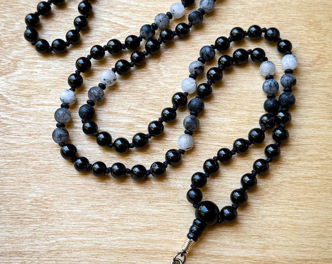 Silent Presence Mala: Black Onyx, Spinel & Tourmaline Quartz Meditation Necklace, Protection Grounding Spiritual Jewelry
