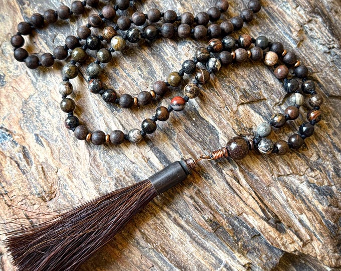 Wildwood Mala Necklace | Brecciated Jasper and Ebony with Bronzeite Guru Bead | Handmade Horsehair Tassel | Copper Accents