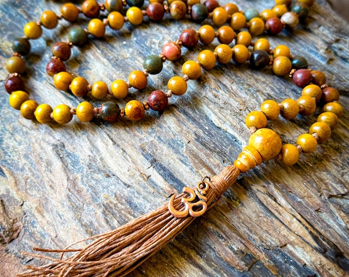 Golden Path Mala Necklace | Nangka Wood, Red Creek Jasper & Bodhi Seed | Handmade Tan Hemp Tassel | Om Charm