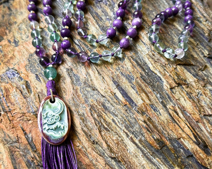 Mystic Balance Mala | Rainbow Fluorite & Lepidolite | Handmade Ceramic Pendant
