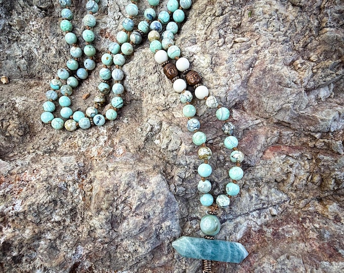 Water Realm Mala: Aqua Terra Agate, Fossil Jasper, Aquamarine Point, Amazonite Guru & Copper Accents