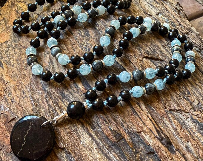 Lunar Tides Mala | Shungite, Natural Aquamarine and Eagle Eye | Hand-Knotted Mala | Hemp Cord | Silver Accents | Ocean-Inspired