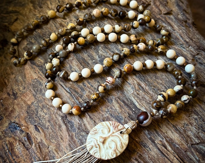 Ancient Guardian Mala | Fossil Jasper & Australian Outback Jasper | Greenman Charm | Beige Hemp | 108 Beads | Earthy Protection Mala