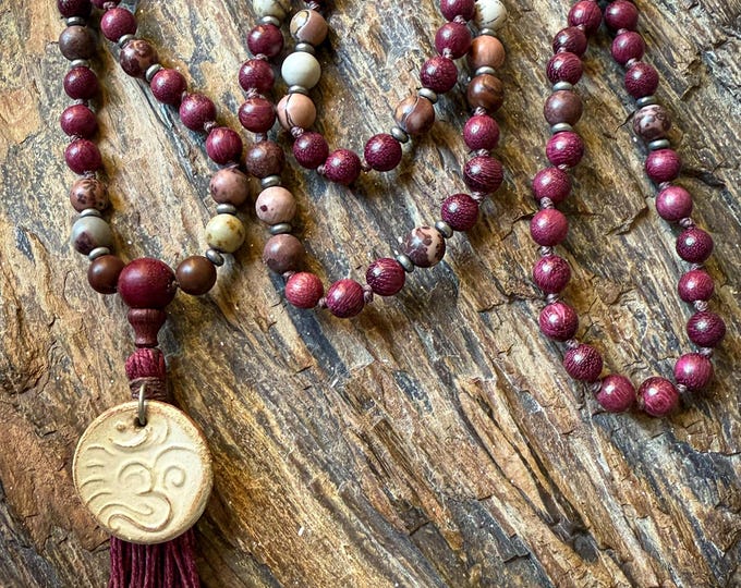 Stillpoint Mala | Purple Heartwood Beads & Crazy Horse Stone | Ceramic Om Charm  | Handmade Hemp Tassel