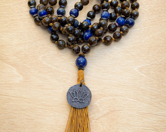 Between Worlds Mala: Bronzite, Lapis Lazuli & Antiqued Copper Meditation Necklace, Wisdom Balance Spiritual Jewelry