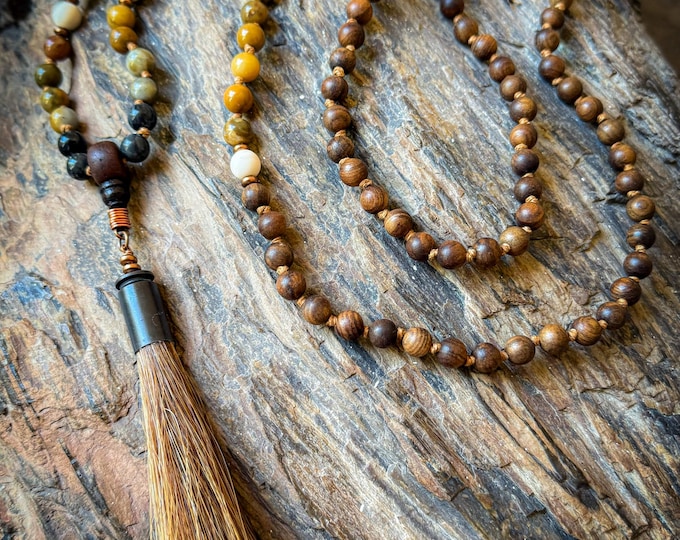 Roots of Serenity Handmade Mala | Black Rosewood, Petrified Wood & Bodhi Seed | Natural Meditation Beads | Eco-Friendly Design