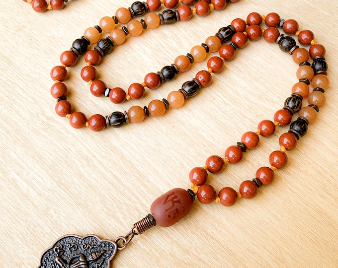 Fires of Strength Mala: Red Jasper, Aventurine & Wood Meditation Necklace, Strength Courage Grounding Jewelry