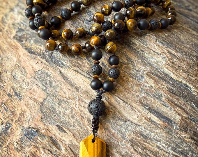 Tigerborn Tiger’s Eye Mala: Tiger’s Eye & Black Onyx Mala, Lava Stone Beads, Grounding Protection Jewelry, Strength and Confidence