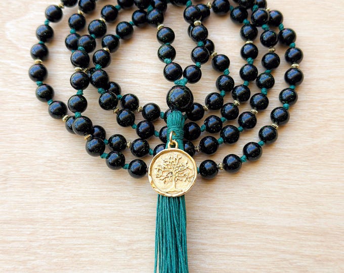 Forest of Stars Mala: Green Goldstone Meditation Necklace with Tree of Life Charm, Abundance Grounding Jewelry