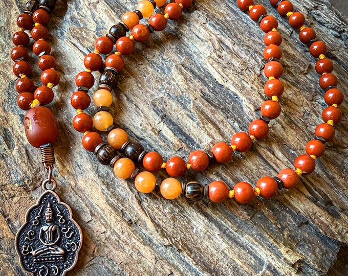 Fires of Strength Mala | Patikan Wood, Orange Aventurine & Red Jasper | Red Agate Om Guru Bead | Buddha Charm