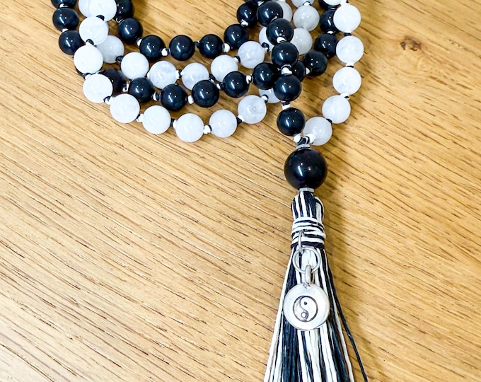 Duality Black & White Gemstone Mala: Brazilian Black Stone, White Jade, Shungite, Silver Yin–Yang Charm
