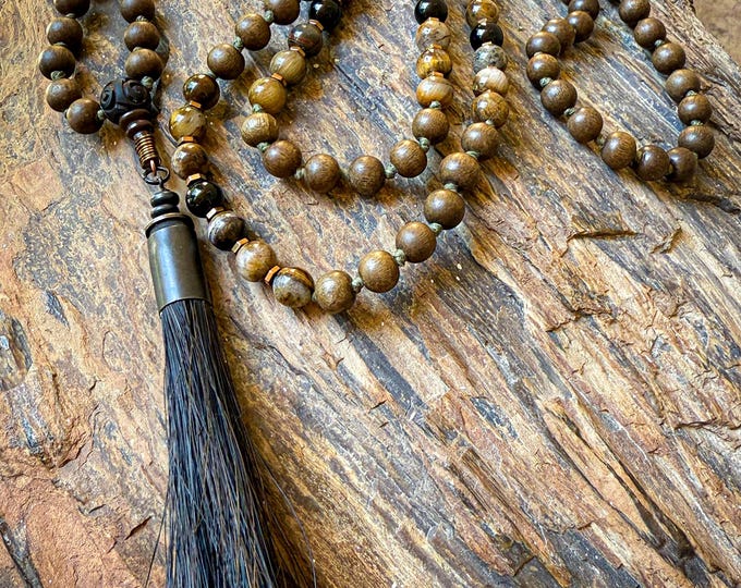 Soul of the Earth Mala | Bronze Tiger’s Eye, Graywood & Black Onyx | Carved Ebony Guru | Horsehair Tassel