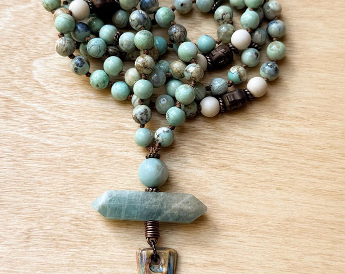 Water Realm Mala: Aqua Terra Agate & Amazonite Meditation Necklace, Emotional Balance Flow Spiritual Jewelry