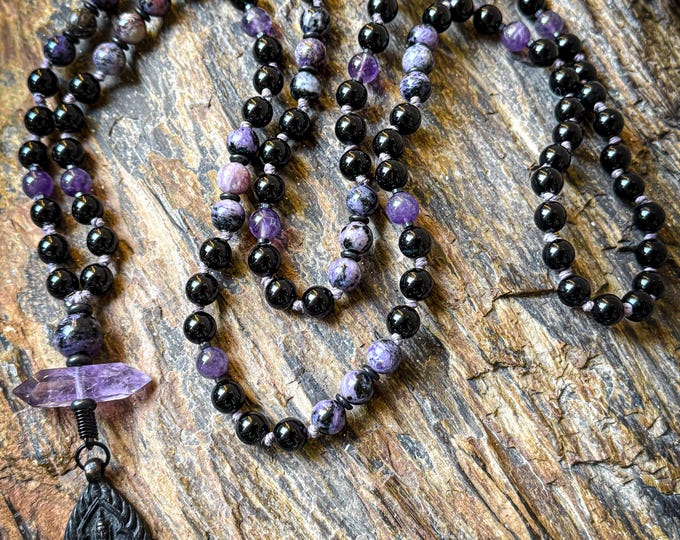 Ethereal Shadow Mala | Russian Charoite, Black Onyx, Amethyst & Ametrine Point | Brass Buddha Charm