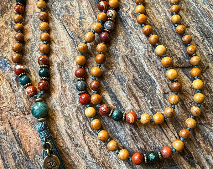 Enduring Heart Mala Necklace | Phoebe Wood, Bloodstone & Red Jasper | Forest Green Hemp Cord, Brass Accents and Handmade Tassel