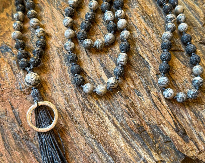 Silver Mist Mala | Gray Map Stone Jasper, & Lava Beads | Hematite Buddha Accents | Handmade Gray Cotton Tassel | Mindful Meditation Beads