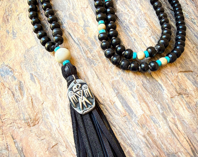 Storm Caller Mala: Turquoise, Buffalo Horn & Petrified Wood Meditation Necklace, Grounding Protection Spiritual Jewelry