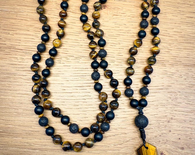Tigerborn Tiger’s Eye Mala: Tiger’s Eye & Black Onyx Mala, Lava Stone Beads, Grounding Protection Jewelry, Strength and Confidence