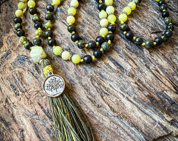 Lemon Grove Mala | Green Serpentine Jade, Lemon Jade, Bright Yellow Hemp, Tree of Life Pendant | Handmade 108 Mala Beads