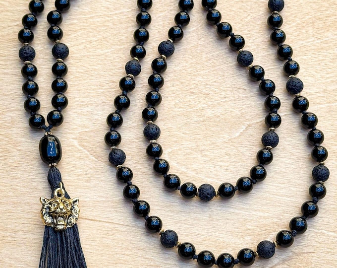 Untamed Spirit Mala: Black Onyx, Lava Stone & Gold Accent Meditation Necklace, Strength Courage Spiritual Jewelry