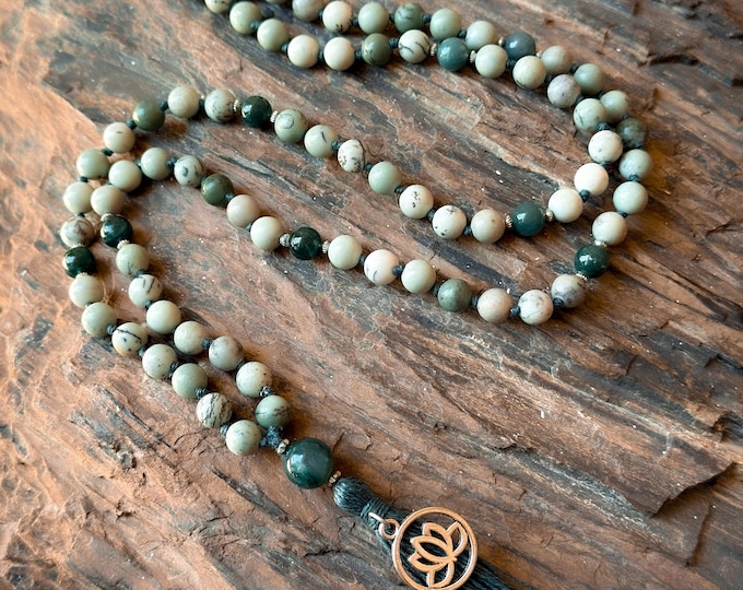 Garden of Stillness Mala: Fern Jasper, Burma Jade & Moss Agate Meditation Necklace, Nature Mindfulness Spiritual Jewelry