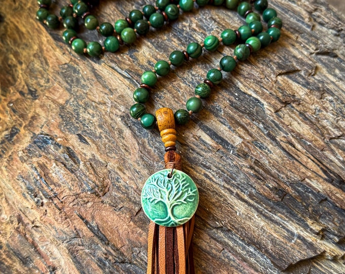 LifeRoot Mala | African Jade & Bodhi Seed | Tree of Life Charm | Tan Hemp Cord | Deerskin Tassel | 108 Beads | Grounding and Growth