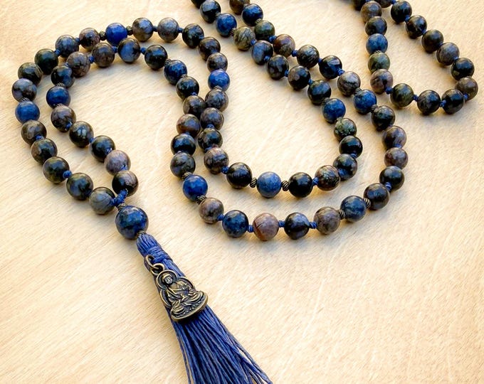 The Observer Mala: Llanite, Dumortierite & Brass Meditation Necklace, Intuition Wisdom Spiritual Jewelry