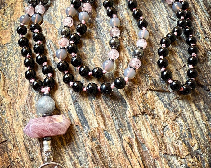 Harmonious Heart Mala | Black Hematite in Strawberry Quartz, AAA Gray Quartz & Onyx | Rose Quartz Double Point | Gray Agate Guru