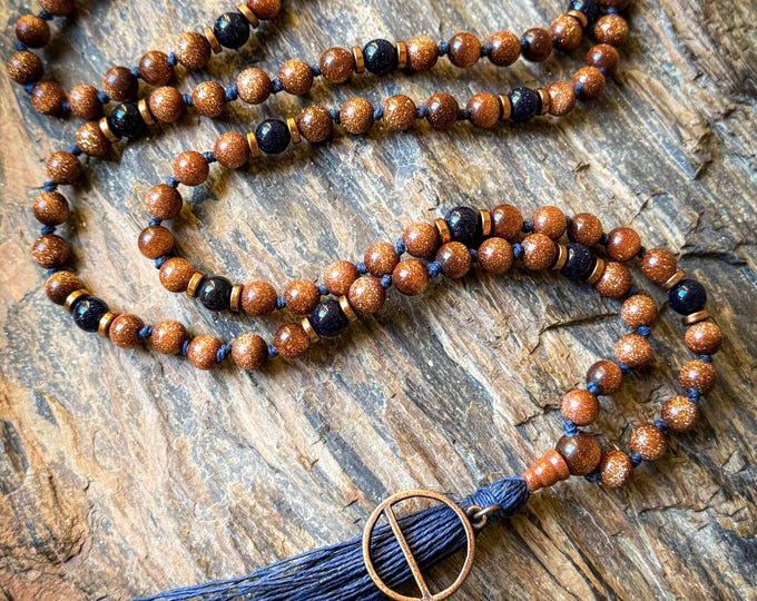 Luminous Horizon Mala | Italian Goldstone and Blue Goldstone | Hand-Knotted Hemp Mala with Tassel | Meditation & Intention Beads